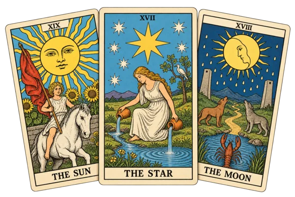 The Sun, Star and Moon, examples from the Tarot deck